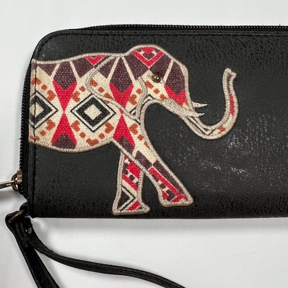 Unionbay Elephant wallet zip around wristlet black faux leather boho design‎ - Picture 3 of 12